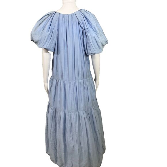 FRAME Shirred  V-Neck Puff Sleeves Midi Dress women’s S Blue part lined Tiered* - Picture 3 of 12